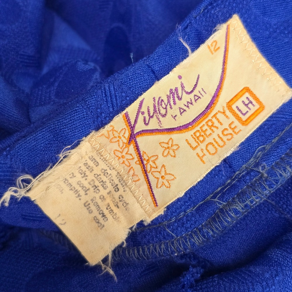 Vintage Kiyomi Hawaii Muumuu Dress Women 12 Royal Blue Floral Jacquard Altered - Picture 5 of 16